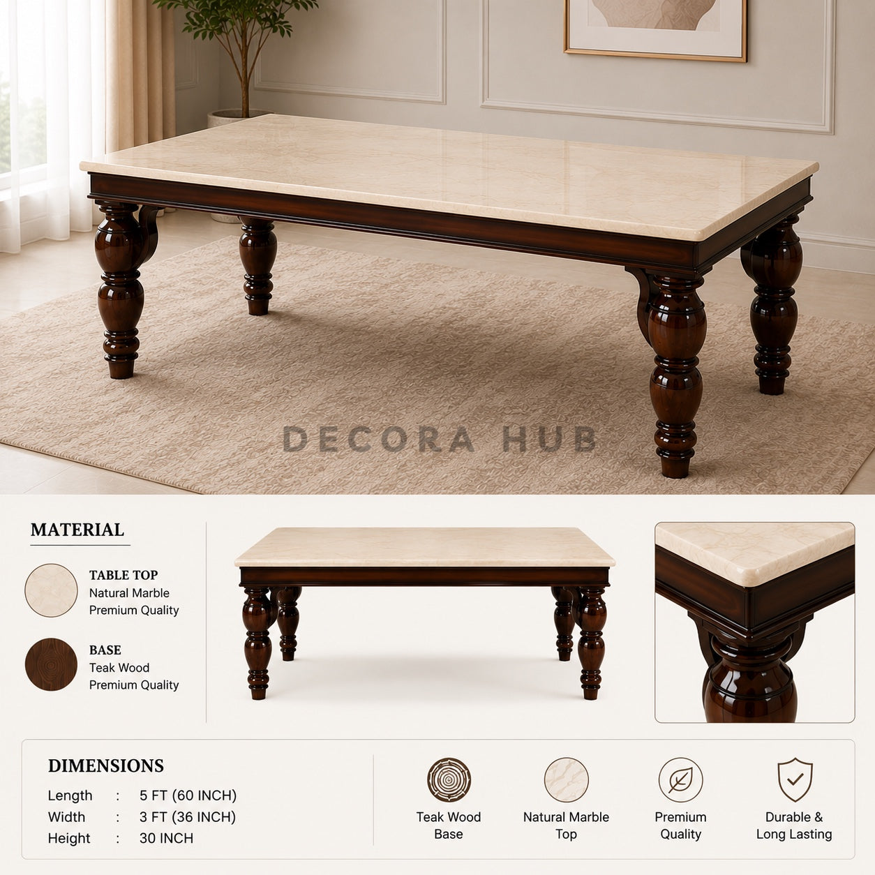 Wooden table with marble top in a room setting, showing material and dimensions.