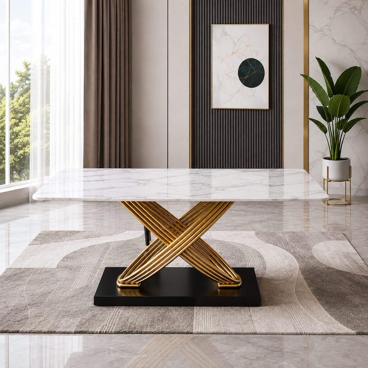 A modern rectangular dining table with a white marble-look top and a sculptural gold metallic X-shaped base on a black plinth, set in a contemporary living room with a patterned rug, curtains, and a potted plant.