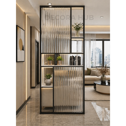 Modern Design PVD Coated Metal Partition – black stainless steel room divider DecoraHub India