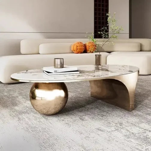 Modern Designer White & Gold Oval Coffee Table