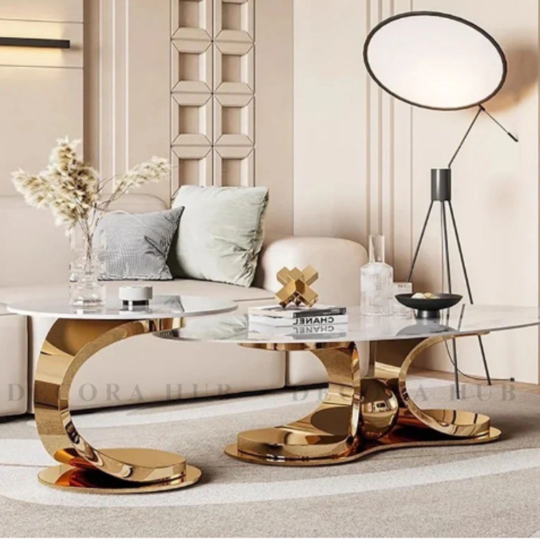 Modern Nesting Center Table Set – 44-Inch Large Marble Table & Round Side Table