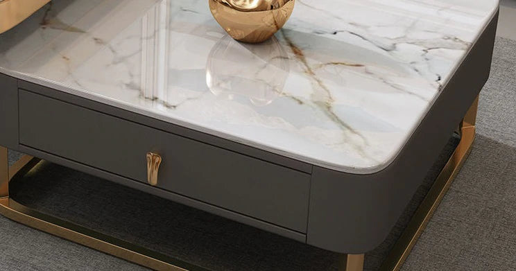 Golden Frame Top Glass And Marble Luxurious Coffee Table – gold frame marble glass nesting table by DecoraHub