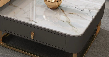 Golden Frame Top Glass And Marble Luxurious Coffee Table – gold frame marble glass nesting table by DecoraHub