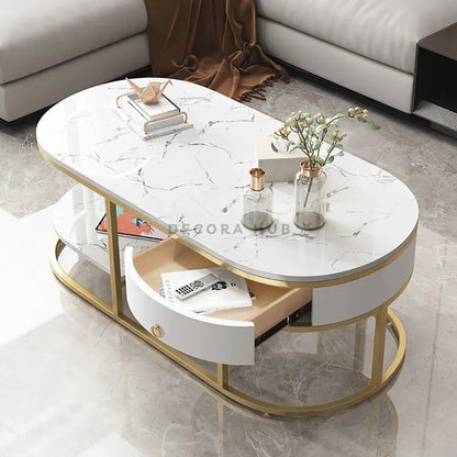 Modern Oval Marble Center Table with Open Shelf & Drawers