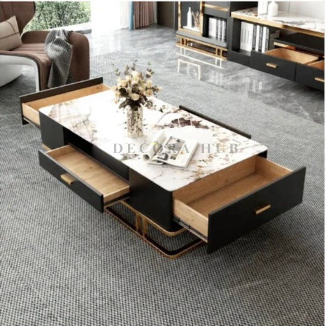 Modern Rectangular Coffee Table – White Composite Marble Top & Black Wooden Drawer