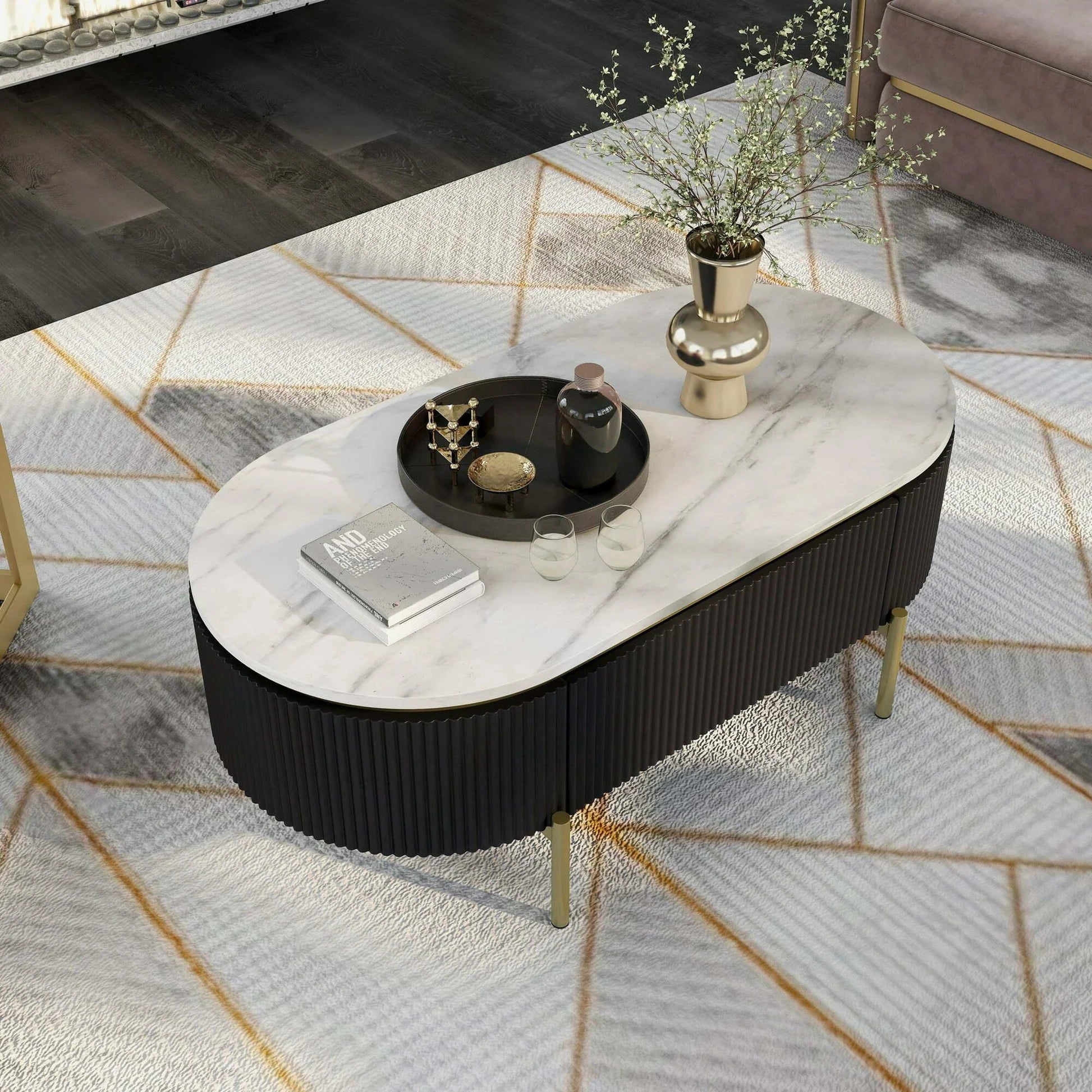 Modern Rectangular Coffee Table – White Marble Top and Black Wooden Drawer