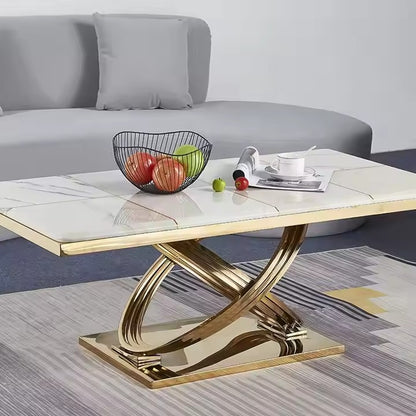 Modern Rectangular Marble Top Center Table with Gold Metal Base