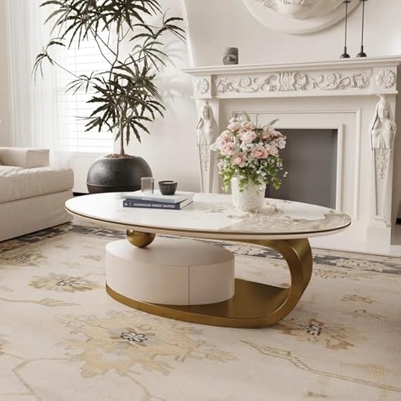 Modern White & Gold Coffee Table with Marble Top