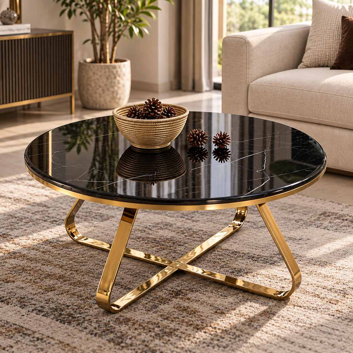 Nove Round Black Marble Top Centre Table with Gold Base