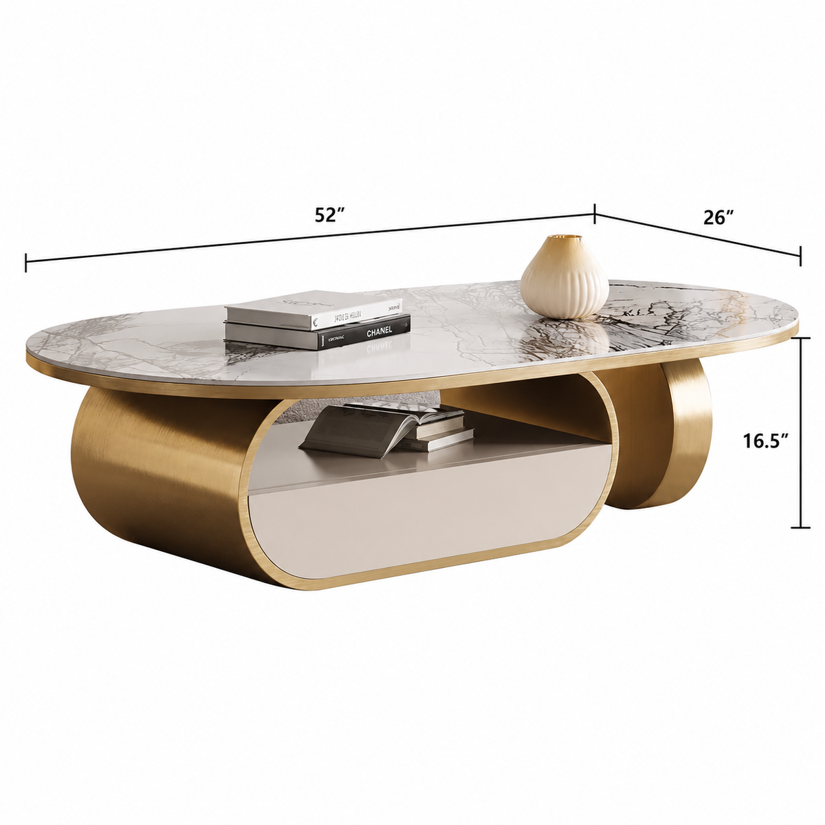 An oval coffee table with a white and gray marble-patterned top, a gold metal frame, and an open shelf underneath, shown on a white background with dimension lines indicating 52 inches length, 26 inches width, and 16.5 inches height.