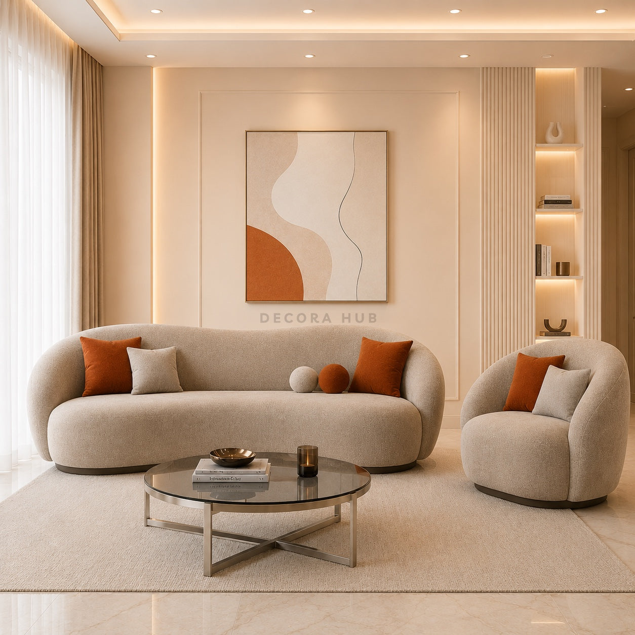 Modern living room with beige sofa, armchair, and abstract painting on wall.