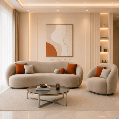 Modern living room with beige sofa, armchair, and abstract painting on wall.