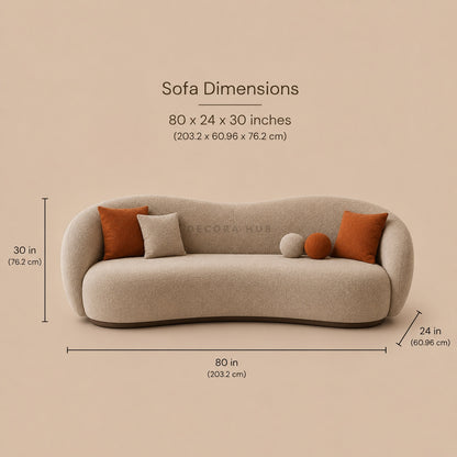 Beige sofa with dimensions labeled on a beige background