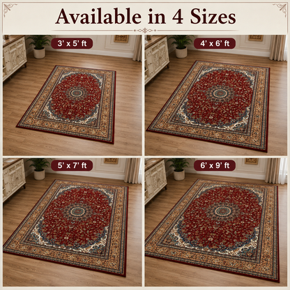 Persian Red Royale Traditional Carpet for Living Room – wine red, powder green and slate blue traditional area carpet by DecoraHub (view 4)