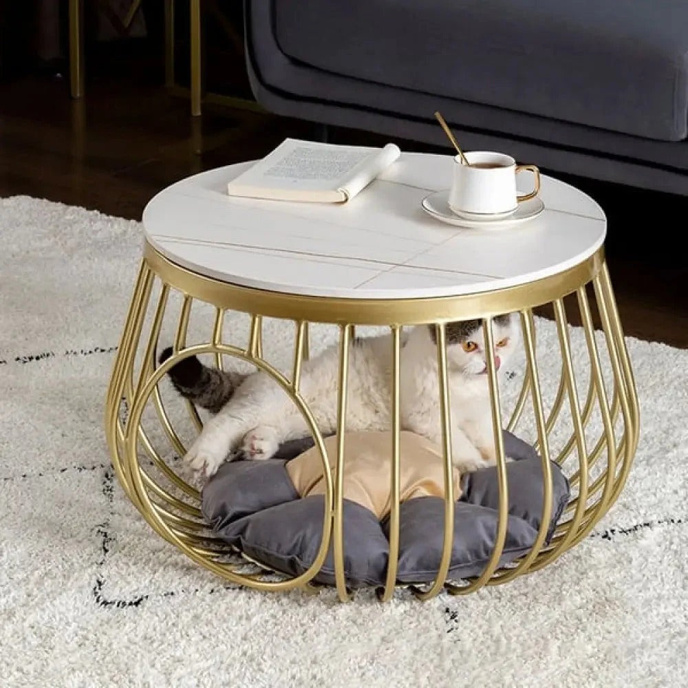 Pet-Friendly Round Center Table – Gold Cage Base with White Marble Top