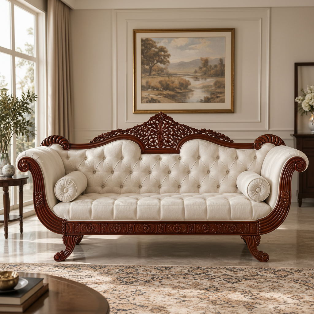 An ornate traditional sofa with a carved dark reddish-brown wooden frame and cream tufted upholstery, shown in a decorated living room setting.