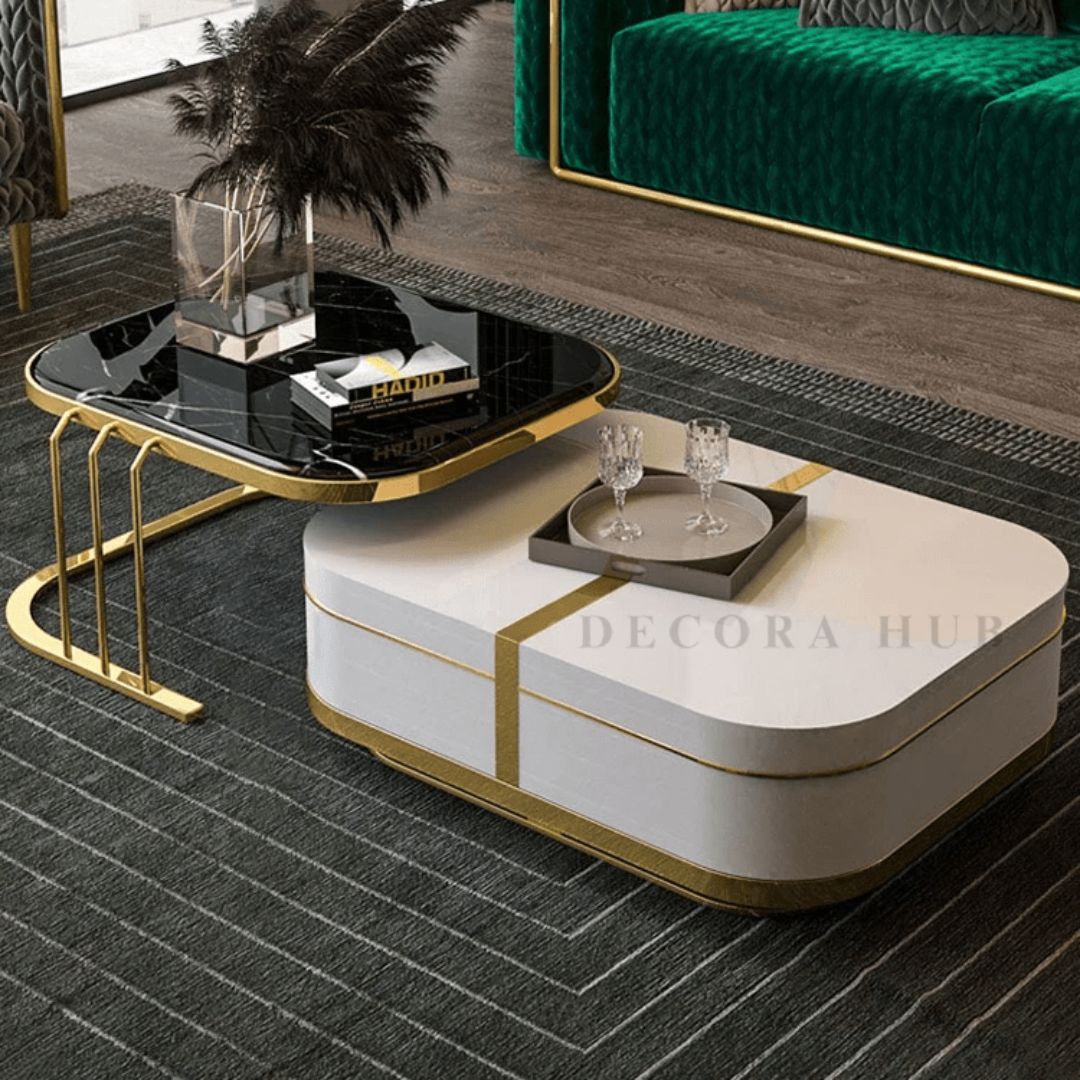 Premium Black Stone & White Gold Finish Centre Table