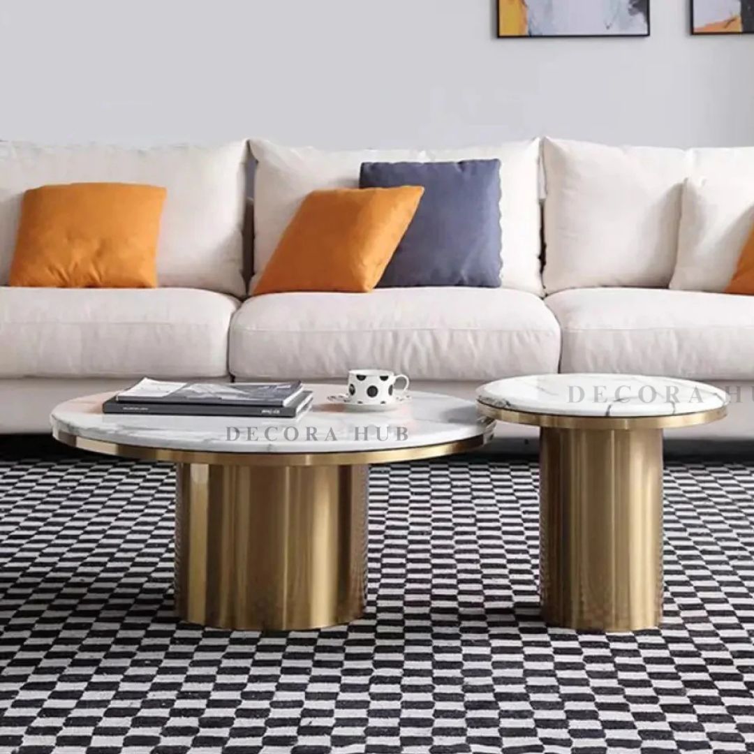 Premium Round Marble Center Table Set of 2 with Gold Cylindrical Pedestal Bases