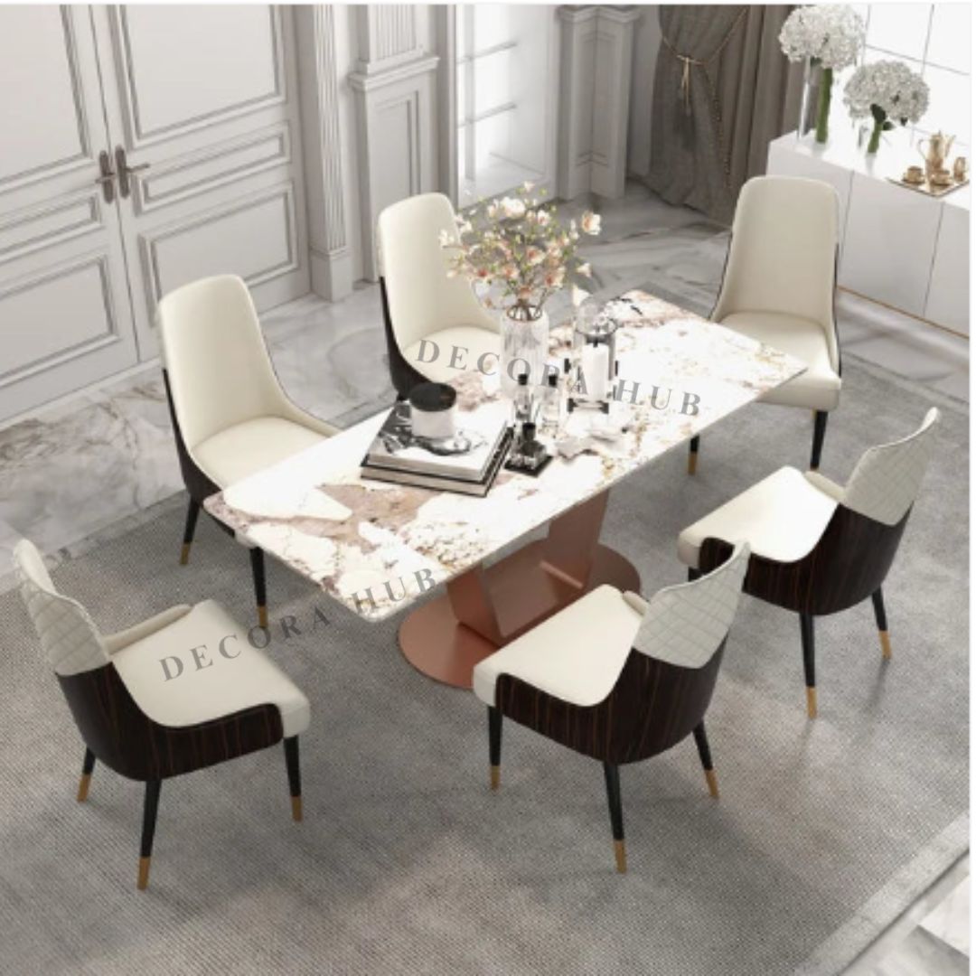 Premium marble dining table with Rose Gold designer base