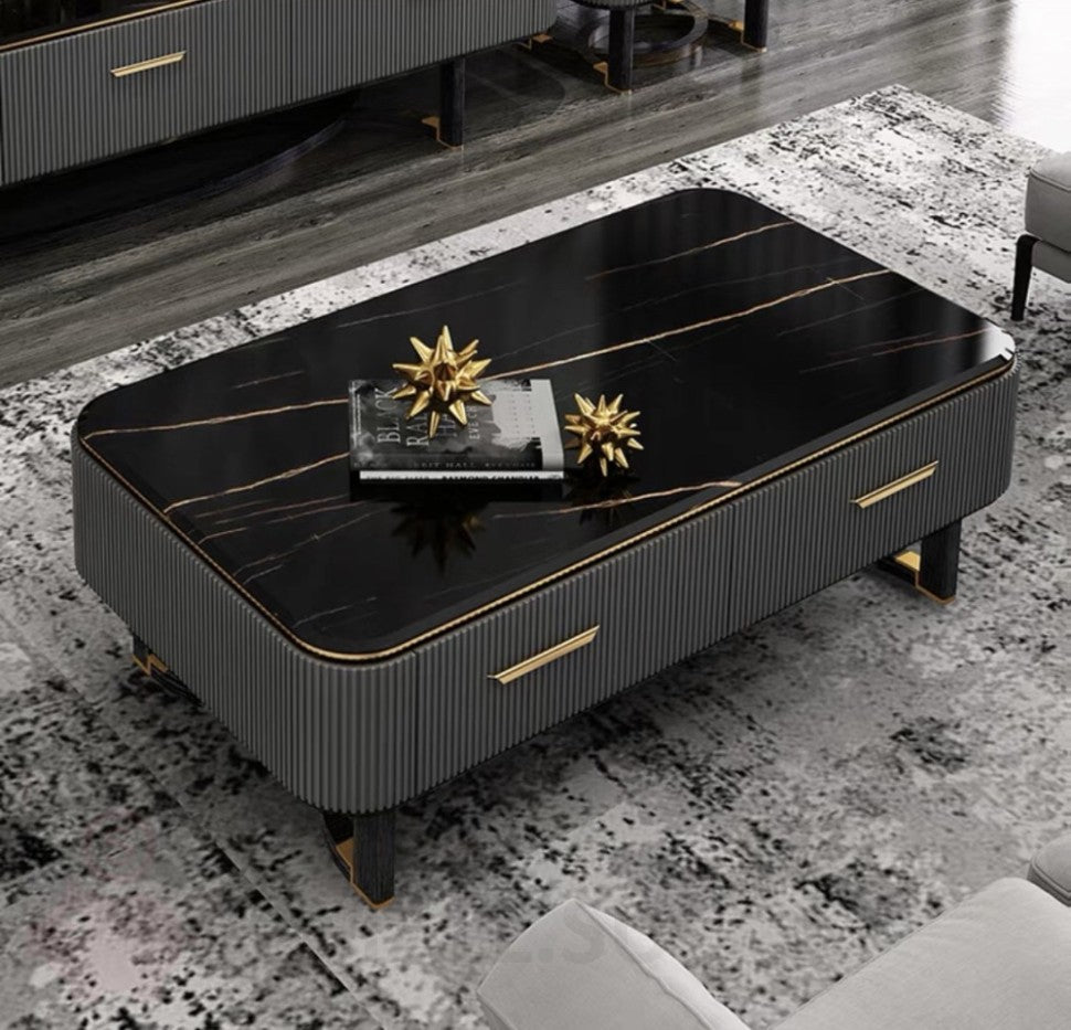 Rectangular Grey Fluted Center Table with Black Marble Top and Storage Drawers