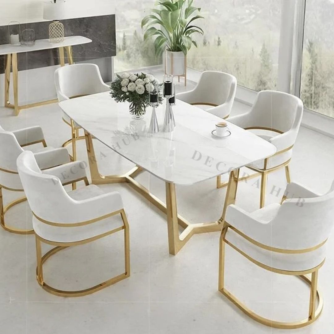 Rectangular marble top dining table with glossy frame