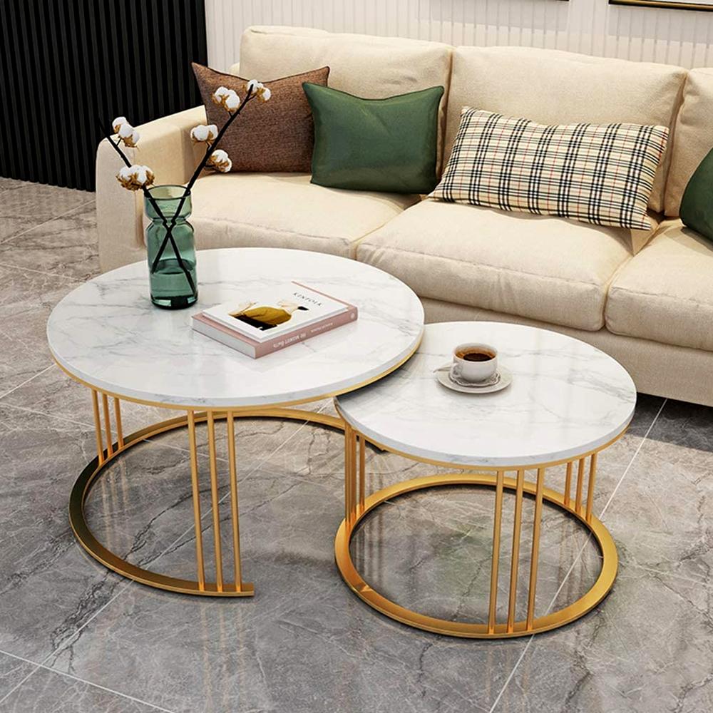 Round Shape Golden Frame White Marble Top Designer Nesting Table – gold frame white marble designer nesting table by DecoraHub