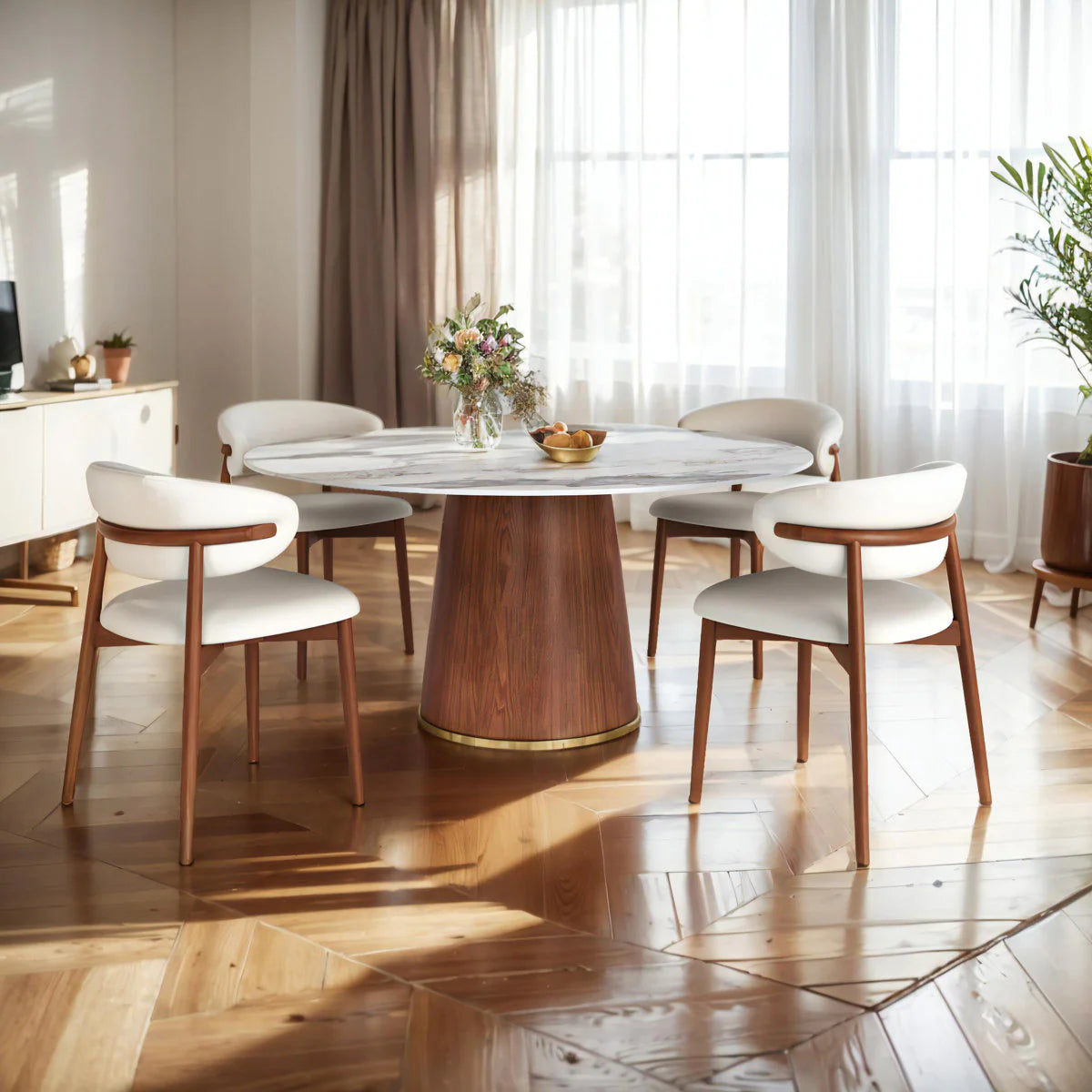 Round_Wooden_dining With White Marble Top