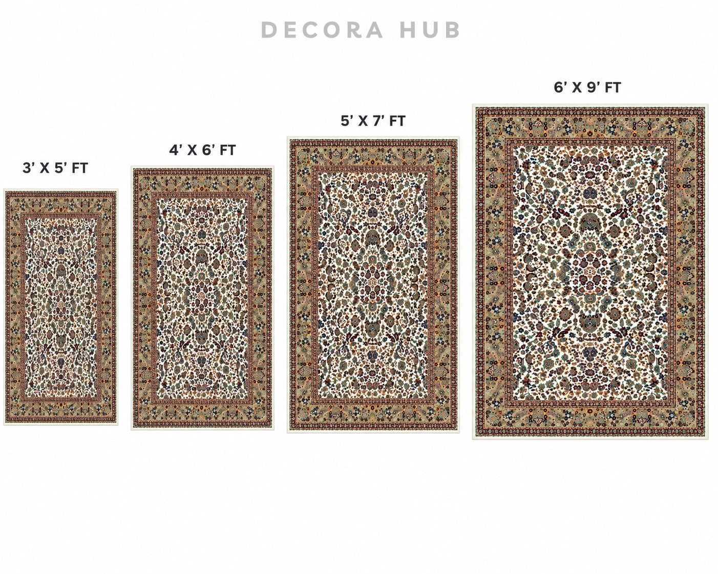 Four rectangular patterned area rugs shown in ascending size, labeled 3' x 5' FT, 4' x 6' FT, 5' x 7' FT, and 6' x 9' FT, on a plain white background.