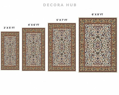 Four rectangular patterned area rugs shown in ascending size, labeled 3' x 5' FT, 4' x 6' FT, 5' x 7' FT, and 6' x 9' FT, on a plain white background.