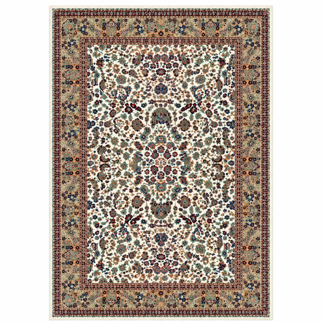 A traditional oriental-style area rug with an intricate floral and medallion pattern, featuring a cream center field, detailed brown and blue borders, and a dark outer border.