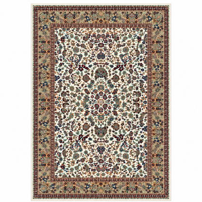 A traditional oriental-style area rug with an intricate floral and medallion pattern, featuring a cream center field, detailed brown and blue borders, and a dark outer border.