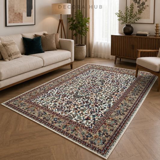 A rectangular area rug with an intricate traditional floral and geometric pattern in beige, blue, red, and green tones, styled on a light wood herringbone floor in a modern living room setting.