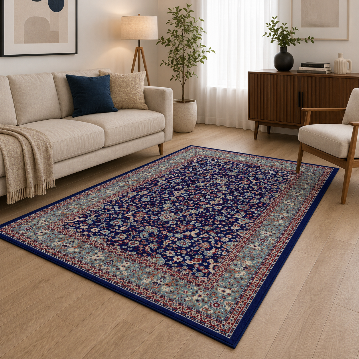A rectangular area rug with an intricate traditional floral pattern in navy blue, beige, and red, styled on a light wood floor in a modern living room setting.
