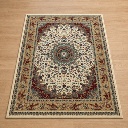 Persian Royale Ivory Traditional Carpet for Living Room – ivory, wine red, teal and mustard traditional area carpet by DecoraHub (view 2)