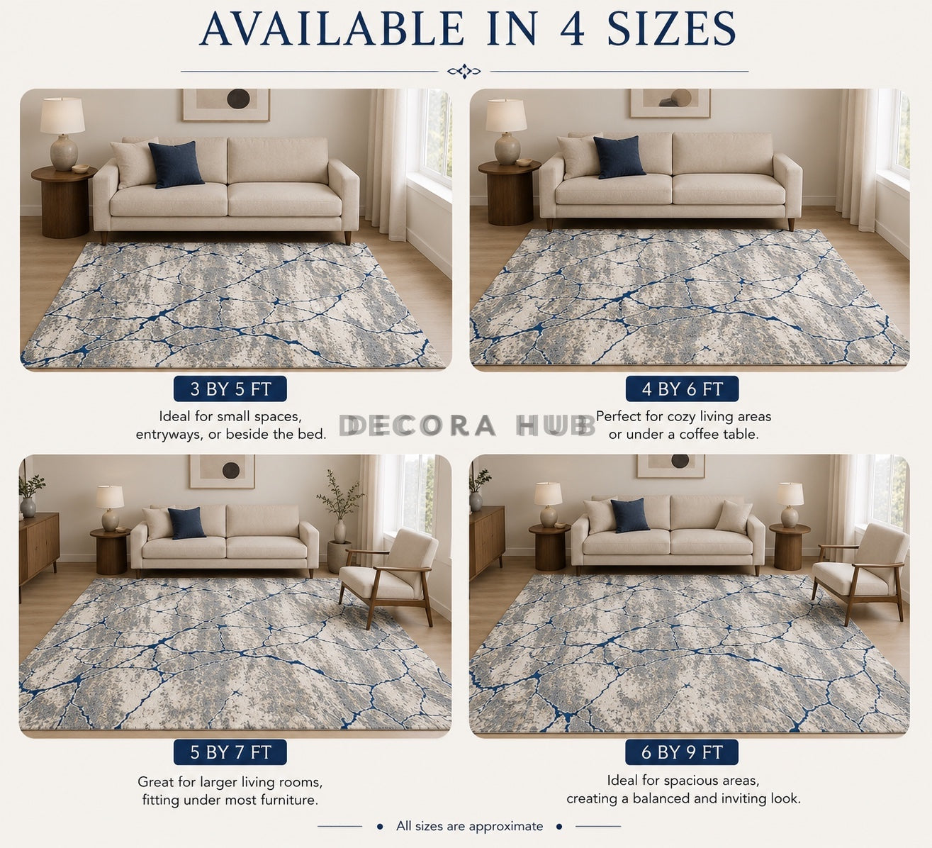 Rug display with text indicating available sizes and their uses in a living room setting.