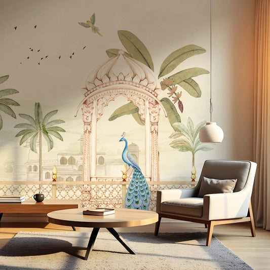 Peacocks in Ornate Indian Garden Wallpaper