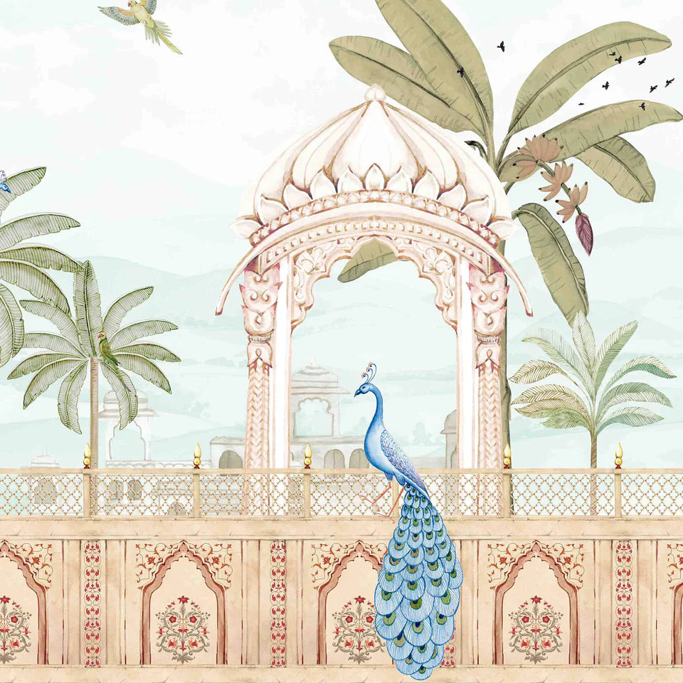 Peacocks in Ornate Indian Garden Wallpaper
