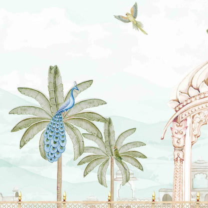 Peacocks in Ornate Indian Garden Wallpaper