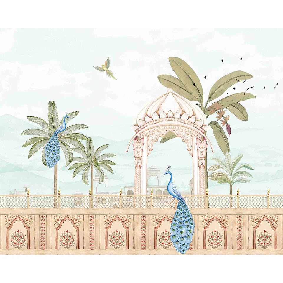Peacocks in Ornate Indian Garden Wallpaper