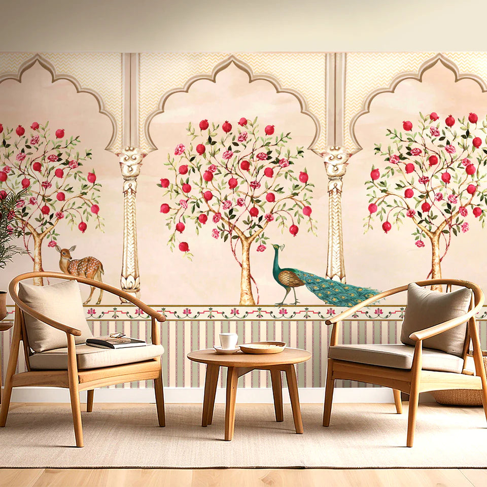 Peacock and Pomegranate Trees Floral Wallpaper