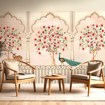 Peacock and Pomegranate Trees Floral Wallpaper