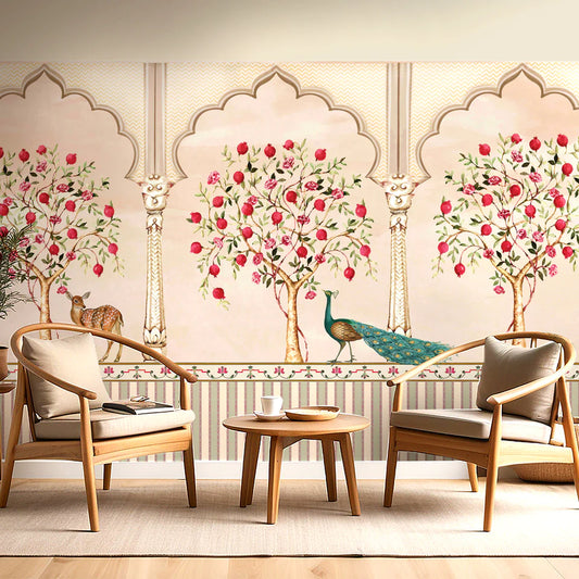 Peacock and Pomegranate Trees Floral Wallpaper