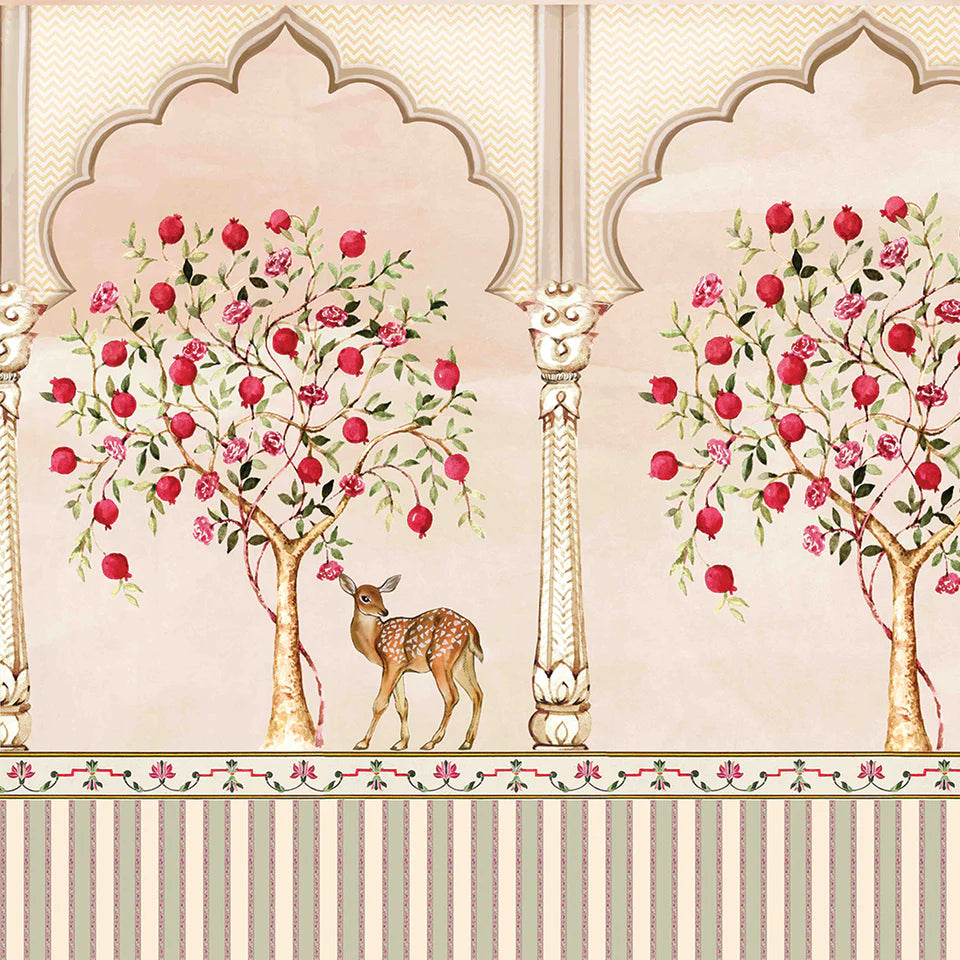 Peacock and Pomegranate Trees Floral Wallpaper