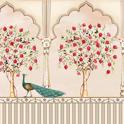 Peacock and Pomegranate Trees Floral Wallpaper