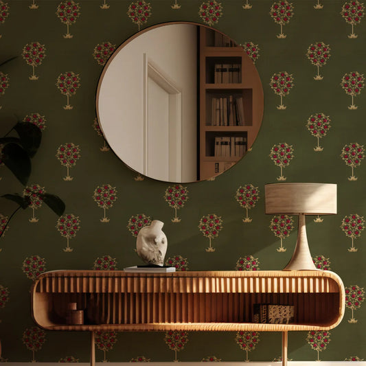 Gold and Red Tree Pattern Wallpaper