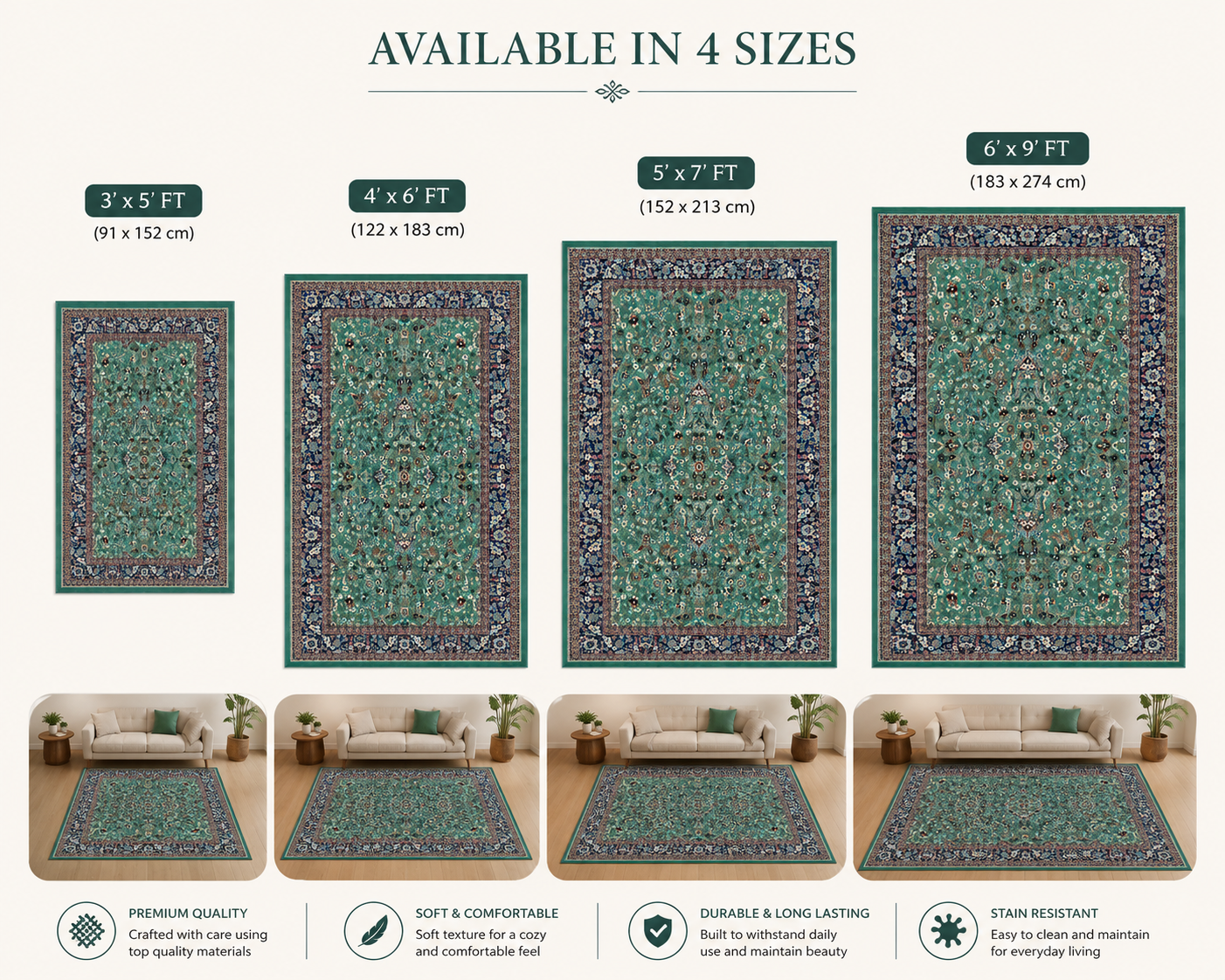 A size comparison chart for area rugs showing four available rug sizes: 3x5 ft, 4x6 ft, 5x7 ft, and 6x9 ft. The top half displays the rugs as rectangular patterns with labeled dimensions, and the bottom half shows the rugs styled in living room settings above sofas.
