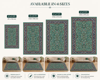 A size comparison chart for area rugs showing four available rug sizes: 3x5 ft, 4x6 ft, 5x7 ft, and 6x9 ft. The top half displays the rugs as rectangular patterns with labeled dimensions, and the bottom half shows the rugs styled in living room settings above sofas.