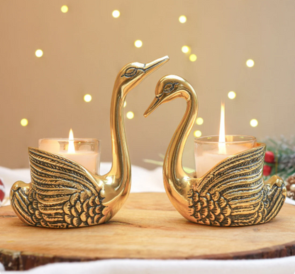 Metal Pair of Swans Candle Holders