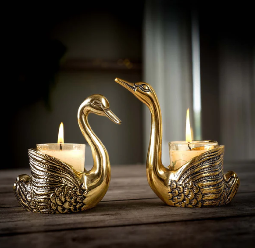 Metal Pair of Swans Candle Holders