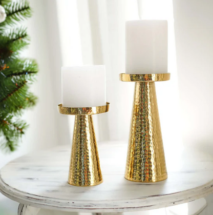 Metal Hammered Candle Holder Set of 2 - Gold